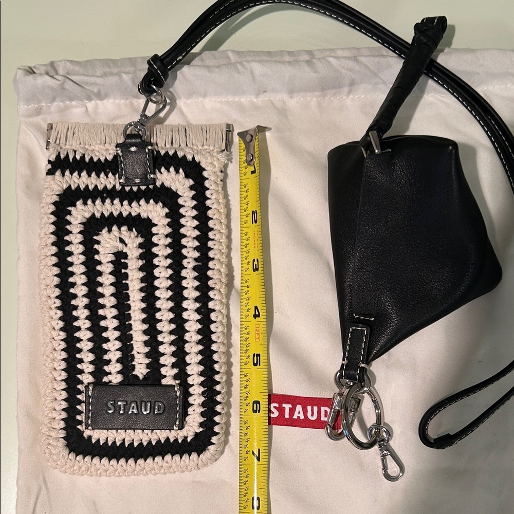 NWOT STAUD Artisanal Black & Cream Crochet Pouch & Black Leather Mini Bag Charm. - Picture 11 of 15
